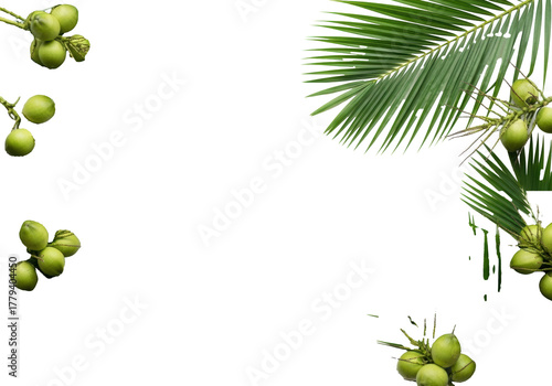 Vibrant, deep green palm fronds with intricate patterns and glossy texture, interspersed with small, unripe green coconuts, framing a central copy space on a pristine, transparent studio background