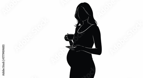 Vector illustration of a calm pregnant woman in silhouette, gently holding a cup and saucer, depicting a moment of relaxation and maternal well-being during her expectant journey