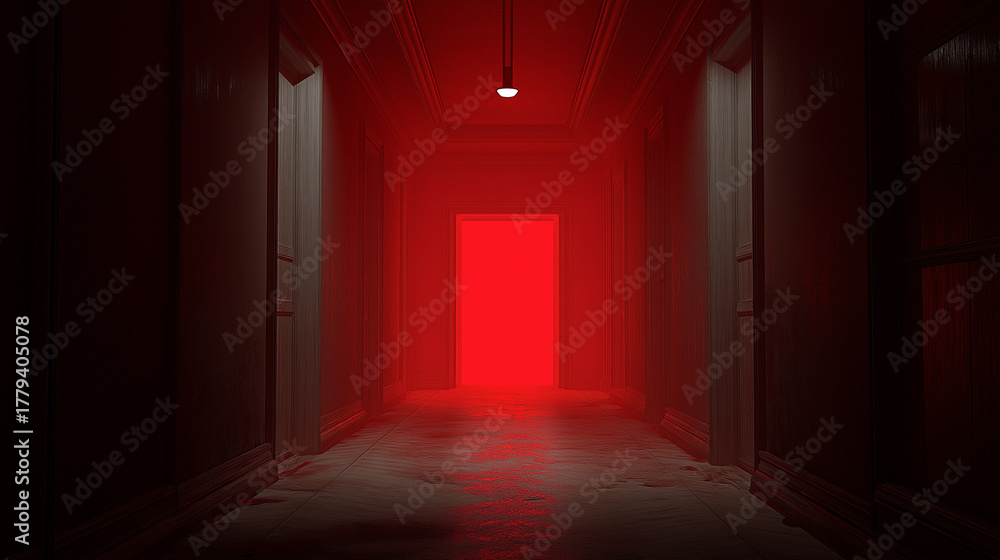 Obraz premium A long ominous hallway bathed in a mysterious red light.