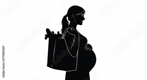 Pregnant woman silhouette carrying a grocery bag after shopping