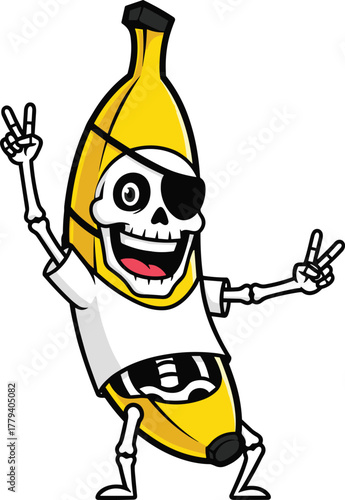 Cartoon banana skeleton pirate character, funny fruit mascot illustration, creative vector drawing, playful food artwork, stylish anthropomorphic design, cad drawing flat vector illustration