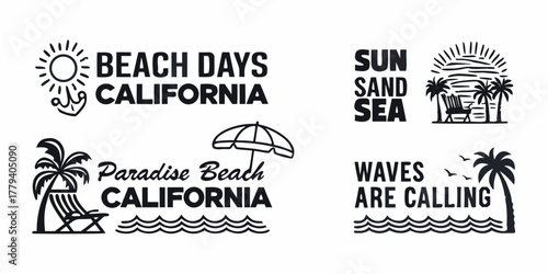 California beach vibes collection featuring palm trees sun sand sea and waves