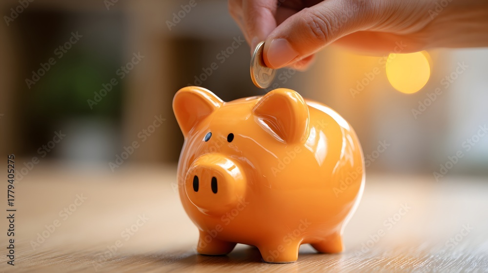 Fototapeta premium Person deposits metal currency into a bright orange ceramic savings container