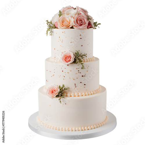 Elegant Three-Tier Wedding Cake Decorated With Roses and Strawberries for a S...