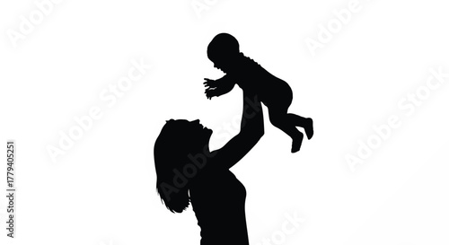 Joyful silhouette of a mother tenderly lifting her newborn baby, a timeless vector graphic celebrating the pure love of motherhood