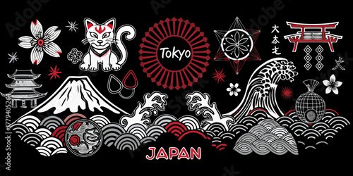 Collage of japanese cultural icons including mount fuji cherry blossoms a kitsune cat and tokyo cityscape elements