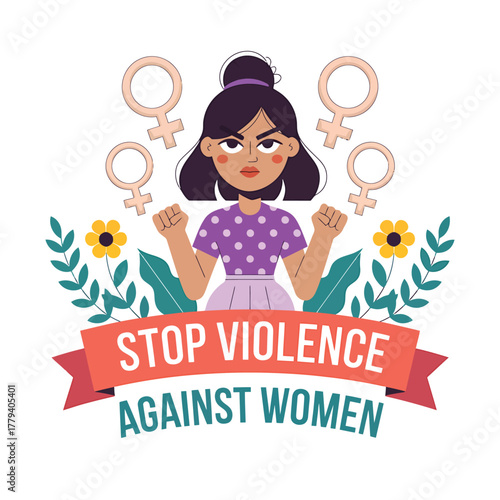 Vector art of stop violence against women, illustrated with a determined stop violence against women,violence against women,woman, female symbols, and floral elements