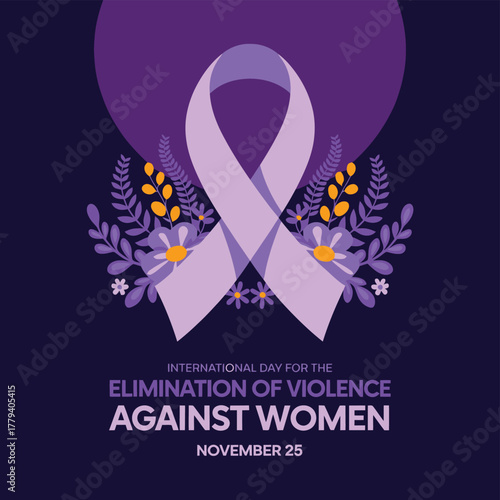 Vector art of purple ribbon and floral design for the international day for the elimination of violence against women on november 25