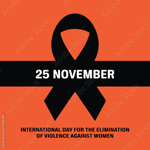 Vector art of black ribbon with 25 november and international day for the elimination of violence against women text on an orange background