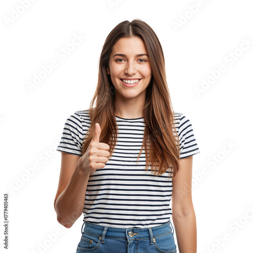 Smiling Woman Giving Thumbs up in Casual Attire With Striped Shirt and Jeans