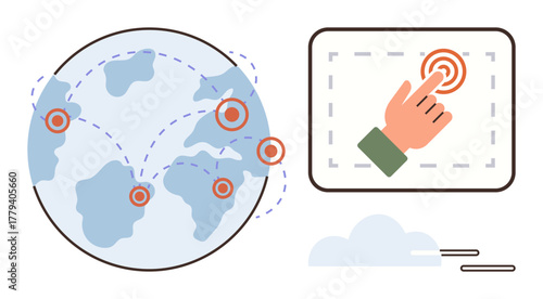 World map with marked locations connected by dotted lines, a hand selecting screen target. Ideal for connectivity, interaction, technology, globalization, networking, communication, accessibility