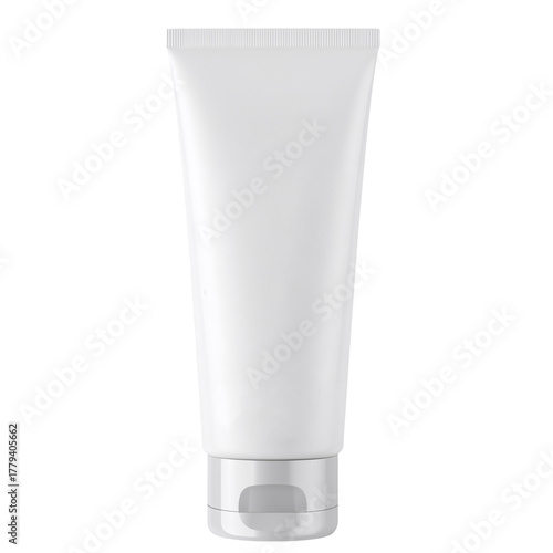 White Cosmetic Tube With Silver Cap Displayed Against a Plain Background