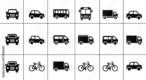 Collection of various black vehicle icons representing different modes of transportation isolated on transparent background