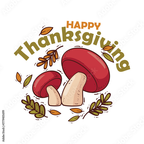 Happy Thanksgiving celebration background. Autumn yellow, orange Pumpkin, Bright leaves, Rowan Berries, acorns and and red ribbon. Vector illustration for poster, card, banner or flyer.