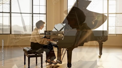 Asian woman with grey hair plays the piano in a bright windowed room