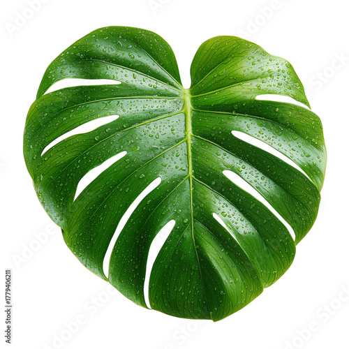 Large Green Monstera Leaf With Droplets of Water Shining in Bright Light