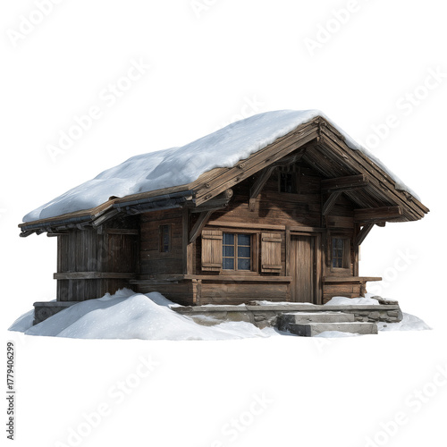 Cozy Wooden Cabin Covered in Snow in a Winter Landscape With Clear Blue Skies
