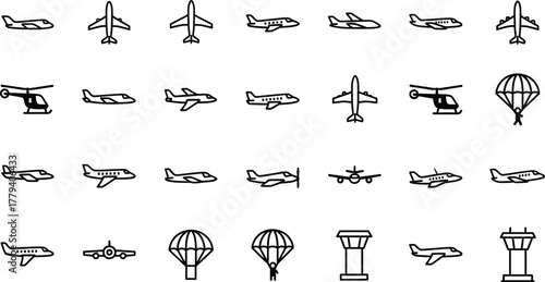 Collection of diverse aviation and aircraft icons including airplanes helicopters and parachutes isolated on transparent background