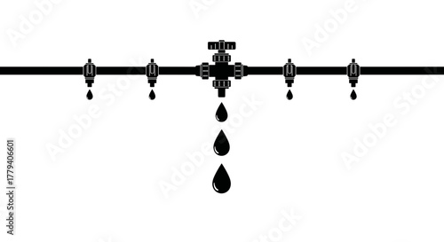 Close-up of drip irrigation pipe, agricultural concept, black silhouette on transparent background