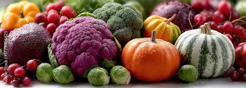 Bird's-eye View of Piled Red and Yellow Autumn Vegetables and Fruits on White Background for Healthy Cooking and Thanksgiving