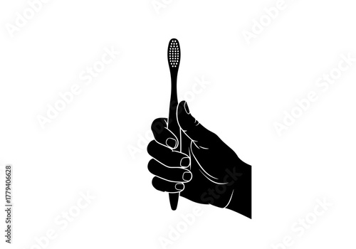 Wooden toothbrush in hand, oral hygiene concept, black silhouette on transparent background