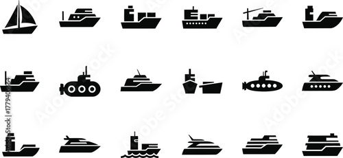 Collection of various ship and boat icons representing different types of watercraft isolated on transparent background