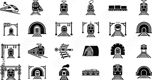 Collection of vintage train station architecture and transportation elements isolated on transparent background