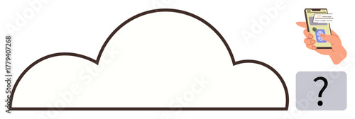 Cloud shape with hand holding a phone showing a data upload interface and a question mark icon. Ideal for technology, storage, data transfer, cloud services, future tech, decision-making, and mobile