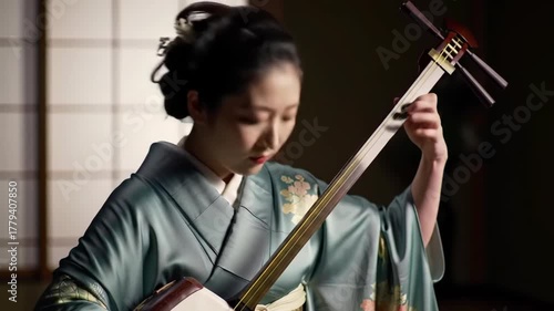 A woman in a kimono skillfully plays the shamisen in a serene room