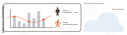 Bar and line graph with human icons connected to information nodes, next to a cloud design. Ideal for analytics, teamwork, business planning, data trends, cloud computing, tech integration