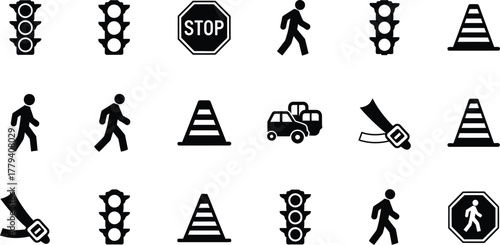 Collection of traffic signals pedestrian crossing signs traffic cones and stop signs isolated on transparent background
