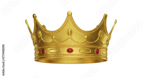 Golden crown with red gems isolated on transparent background, royal symbol