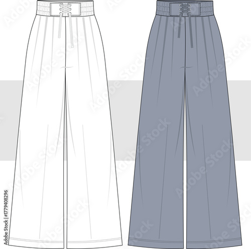 Women's Casual American Style Drawstring Loose Wide-Leg Sweatpants fashion technical drawing, illustration. Palazzo pants vector. CAD, Mockup.