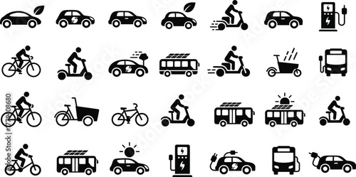 Collection of diverse eco friendly transportation icons including electric cars scooters bicycles and public transport isolated on transparent background