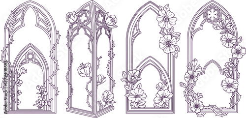 Gothic window frames with floral vines and decorative vector design