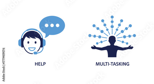 Vector illustration of customer service and multitasking concept help desk operator with headset and speech bubble person with multiple tasks and responsibilities