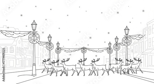 Reindeer parade down a festive street decorated with wreaths and holiday lights