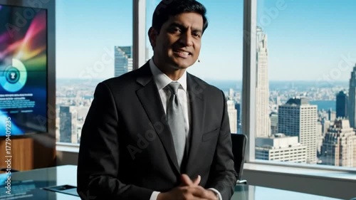 Man in suit gestures in a highrise office overlooking cityscape