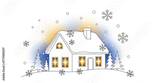 Cozy winter home with glowing windows and snow covered roof on a cold winter day