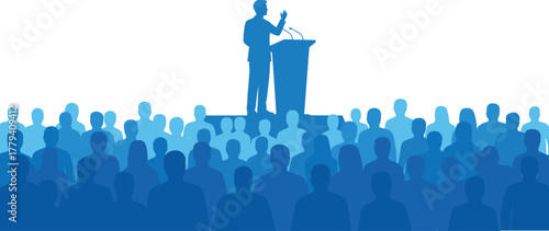 Public speaker at podium addressing large audience in conference vector