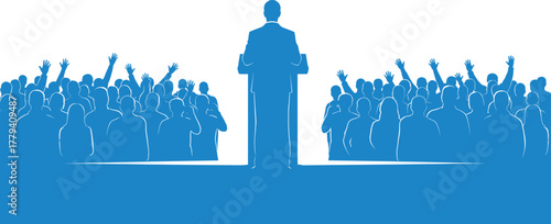 Public speaker at podium with audience participation vector