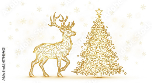 Golden christmas deer and tree illustration on a festive white background