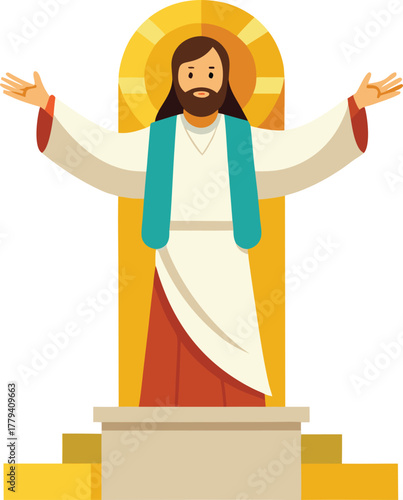 Jesus Christ resurrection vector standing from tomb flat colorful illustration halo