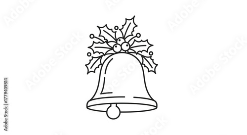 Festive christmas bell with holly berries in a simple line art illustration