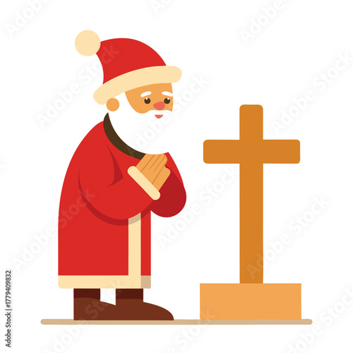 Jesus Christ praying with folded hands, radiant halo, flat vector,