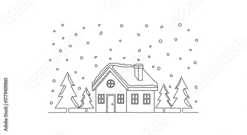 Winter scene with snow falling on a house and trees in a line drawing style
