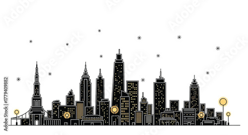 Graphic skyline illustration of a modern city with stars and streetlights