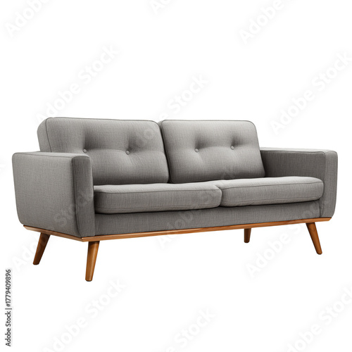 Modern Gray Sofa With Wooden Legs in Bright Living Room Space Perfect for Rel...