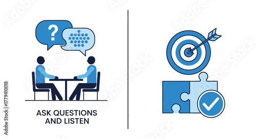 Vector illustration of illustration depicting asking questions and listening, alongside achieving goals with puzzle piece and target