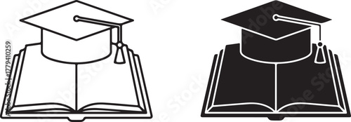 Graduation cap resting on open book line art and silhouette mortarboard academic cap